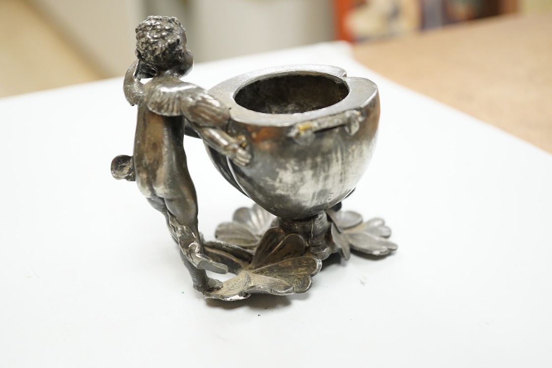 Sundry items to include a plated lustre drop hanging light, decanter labels and a small pot, mounted with a putti